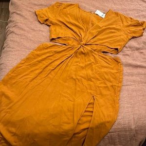 NWT Abercrombie and Fitch Mustard Yellow Linen Midi Cutout Dress - XL